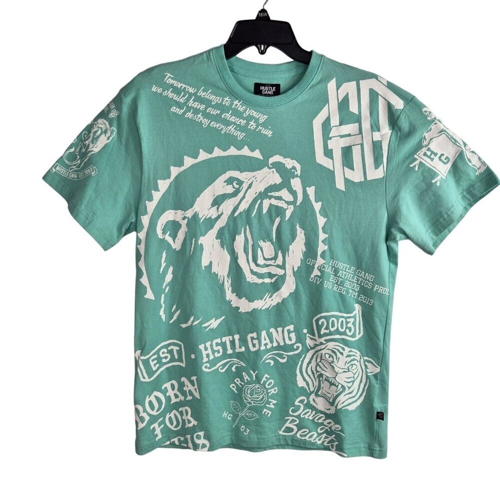 Hustle Gang Men's Size M Cotton T-Shirt Short Sleeve Turquoise White New 41